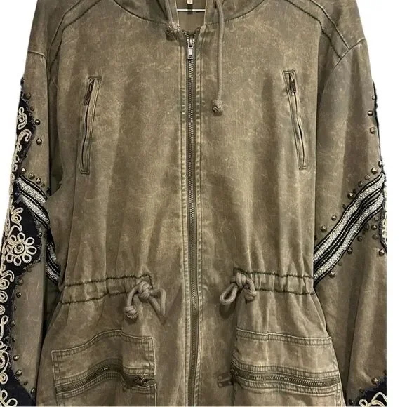 FREE PEOPLE Golden Quills Military Parka Jacket Coat Green Rhinestones M RARE - Picture 9 of 16